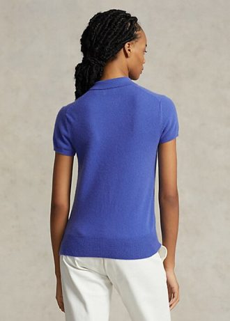 Blå Ralph Lauren Slim Fit Cashmere pikétröjor för kvinnor