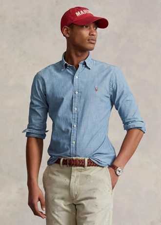 Blå Ralph Lauren Slim Fit Chambray-skjortor för män