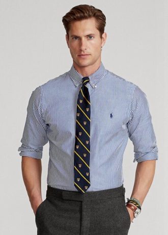 Blå Ralph Lauren Slim Fit Randiga Poplin-formella skjortor för män