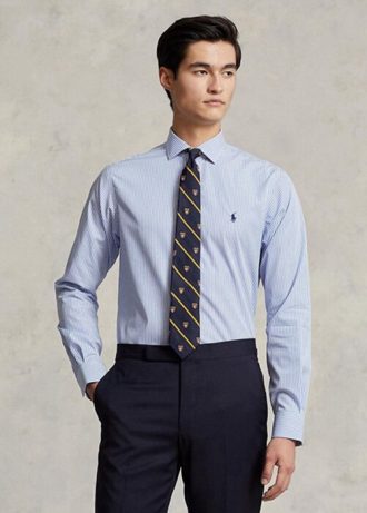 Blå Ralph Lauren Slim Fit Randiga Poplin-formella skjortor för män