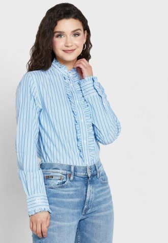 Blå randiga Ralph Lauren skjortor med volangdetaljer för kvinnor