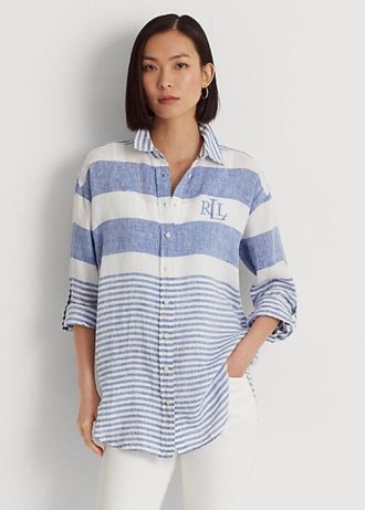 Blå/vita Ralph Lauren randiga linneskjortor i överdimensionerad storlek