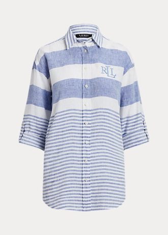 Blå/vita Ralph Lauren randiga linneskjortor i överdimensionerad storlek