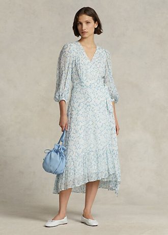 Blomma kvinnors Ralph Lauren Blommig Crinkle Georgette omlottklänning