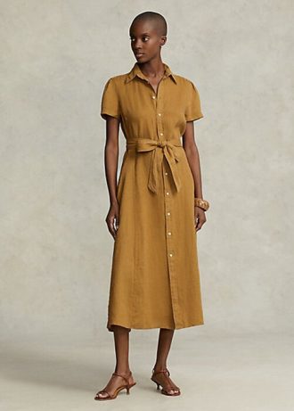 Brun dam Ralph Lauren bältad linne kort- klänning
