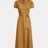 Brun dam Ralph Lauren bältad linne kort- klänning Brun dam Ralph Lauren bältad linne kort- klänning