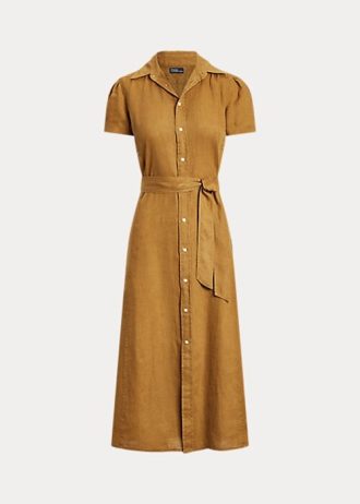 Brun dam Ralph Lauren bältad linne kort- klänning