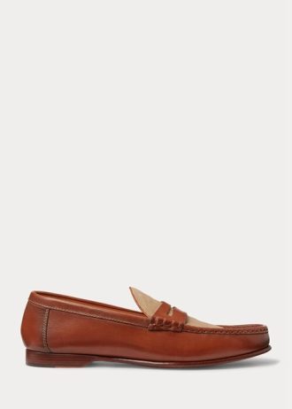 Brun Ralph Lauren Chalmers kalvskinn för män & Canvas Penny Loafers