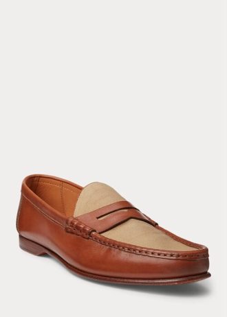 Brun Ralph Lauren Chalmers kalvskinn för män & Canvas Penny Loafers