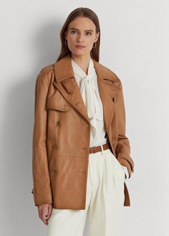 Brun Ralph Lauren dubbelknäppt nappaläderkappor för kvinnor