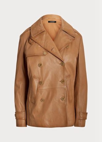 Brun Ralph Lauren dubbelknäppt nappaläderkappor för kvinnor