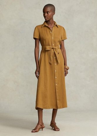 Brun Ralph Lauren Klänning med bälte i linne med kort ärm