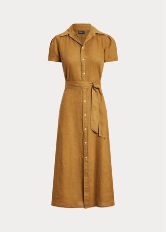 Brun Ralph Lauren Klänning med bälte i linne med kort ärm