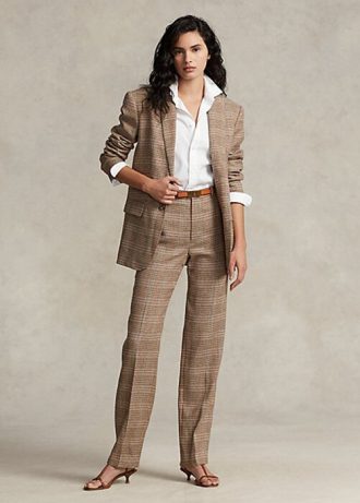 Brun Ralph Lauren Ralph Lauren Rutiga ylle-linne tweed byxor med raka ben