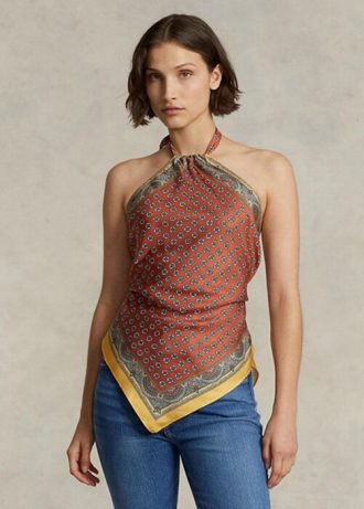 Brun Ralph Lauren Scarf-motiv för kvinnor, Mulberry Silk Halter Toppar