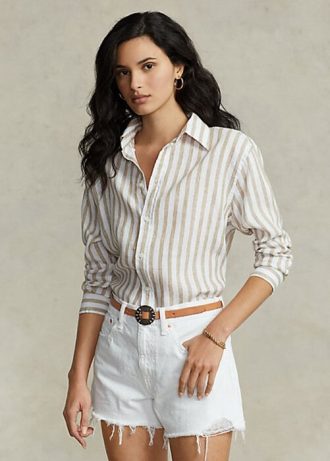 Brun/vit dam Ralph Lauren Randiga linneskjortor med avslappnad passform