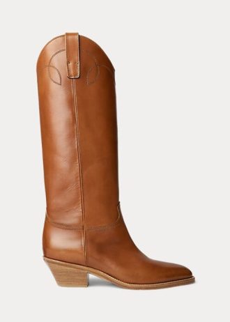 Bruna kvinnors Ralph Lauren Jaelynne Burnished Calfskinn Tall Boots