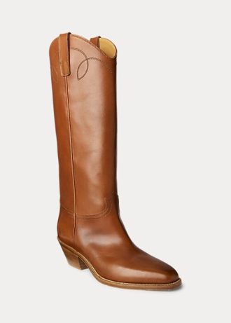 Bruna kvinnors Ralph Lauren Jaelynne Burnished Calfskinn Tall Boots
