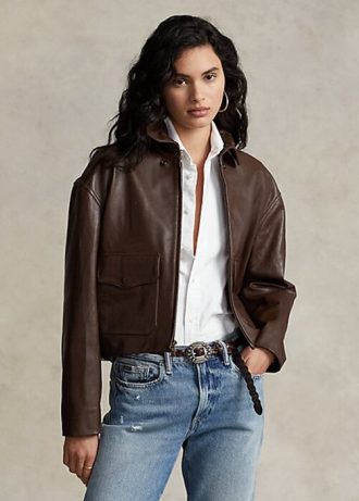Bruna Ralph Lauren Bomberjackor i läder med beskurna läder