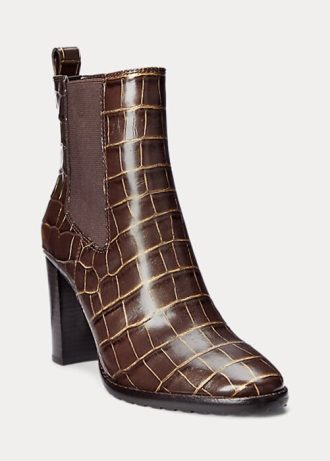 Bruna Ralph Lauren damskor med präglade läderstövlar