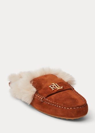 Bruna Ralph Lauren Savanah Fuskpäls-Trim Platta Mockaskor för kvinnor