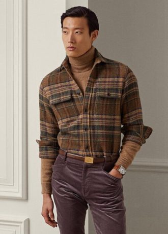Bruna Ralph Lauren-tweedskjortor i rutig mocka för män Bruna Ralph Lauren-tweedskjortor i rutig mocka för män