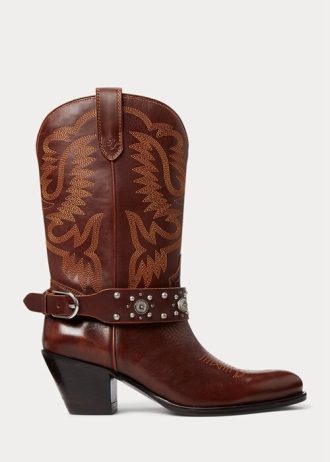 Bruna Ralph Lauren Westernstövlar med dubb från kalvskinn för kvinnor