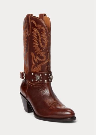 Bruna Ralph Lauren Westernstövlar med dubb från kalvskinn för kvinnor