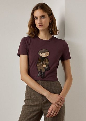Burgundy dam Ralph Lauren Tweed Polo Bear T-shirts i bomull