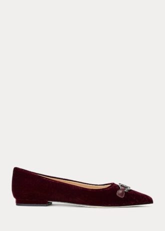 Burgundy Ralph Lauren Lilah Sammetsbalett platta skor för kvinnor