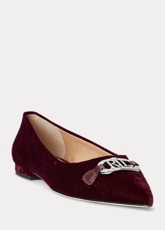 Burgundy Ralph Lauren Lilah Sammetsbalett platta skor för kvinnor