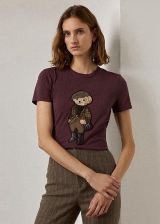 Burgundy Ralph Lauren Tweed Bear T-shirts i bomull för kvinnor