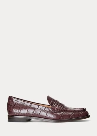 Burgundy Ralph Lauren Wynnie-präglade läderloafers för kvinnor