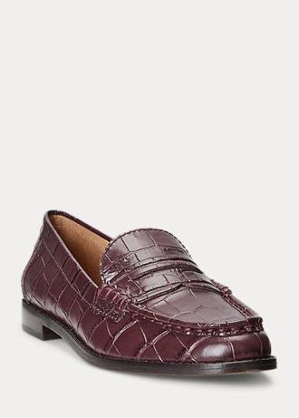 Burgundy Ralph Lauren Wynnie-präglade läderloafers för kvinnor