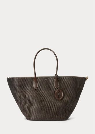 Choklad Dam Ralph Lauren Läder-Trim Halm Stora Bellport Tygpåsar