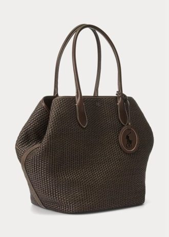Choklad Dam Ralph Lauren Läder-Trim Halm Stora Bellport Tygpåsar