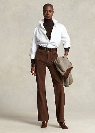 Choklad Kvinnors Ralph Lauren Lammskinn Mocka Patch-Pocket Flare Byxor