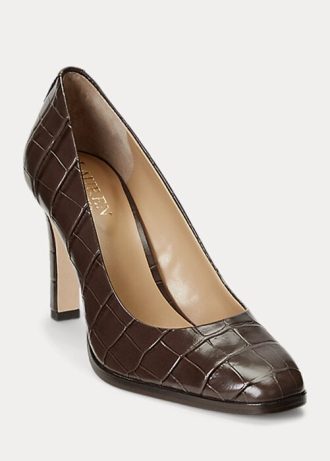 Choklad Ralph Lauren Camila präglade läderklackar för kvinnor