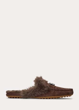 Choklad Ralph Lauren Savanah Faux Fur-Trim Mocka Flat Shoes