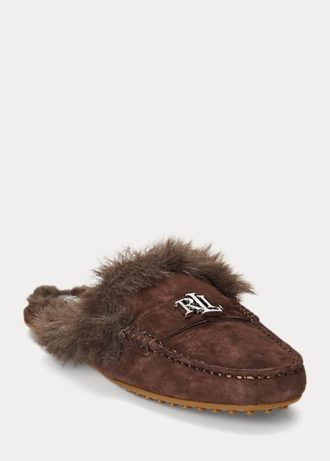 Choklad Ralph Lauren Savanah Faux Fur-Trim Mocka Flat Shoes