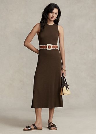 Choklad Ralph Lauren Stretch Våffelstickad ärmlös klänning för kvinnor