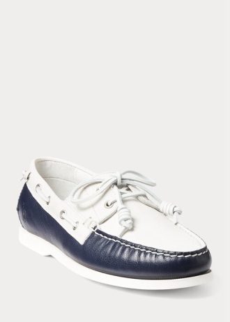 Cream / Marinblå män Ralph Lauren Merton Tvåfärgade Casual Skor i läder
