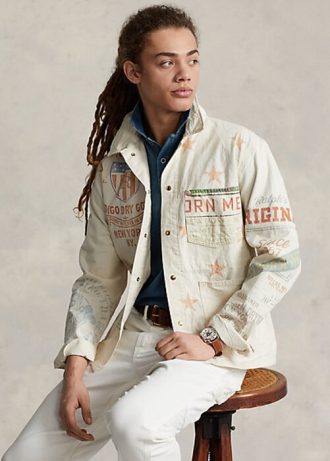 Cream mäns Ralph Lauren Denim grafiska målare jackor