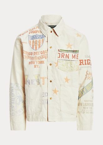 Cream mäns Ralph Lauren Denim grafiska målare jackor