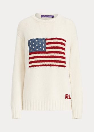 Cream Ralph Lauren Flag Cashmere Crewneck tröjor för kvinnor Cream Ralph Lauren Flag Cashmere Crewneck tröjor för kvinnor