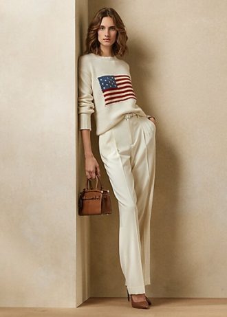 Cream Ralph Lauren Flag Cashmere Crewneck tröjor för kvinnor Cream Ralph Lauren Flag Cashmere Crewneck tröjor för kvinnor