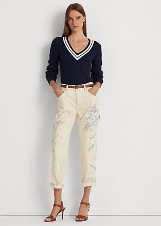 Cream Ralph Lauren Paint-Splatter Denim Carpenter Jeans för kvinnor