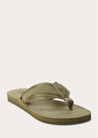 Dark Olive Ralph Lauren Grosgrain-Trim Mocka Flip Flops för män
