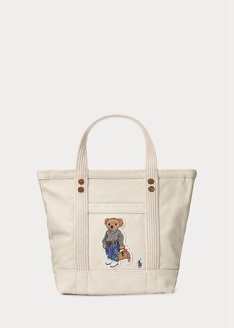 Ecru Multi Kvinnors Ralph Lauren Canvas Små New Orleans Polo Bear Tygväskor