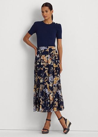 Flerfärgad dam Ralph Lauren blommiga crinkle Georgette skiktade kjolar Flerfärgad dam Ralph Lauren blommiga crinkle Georgette skiktade kjolar